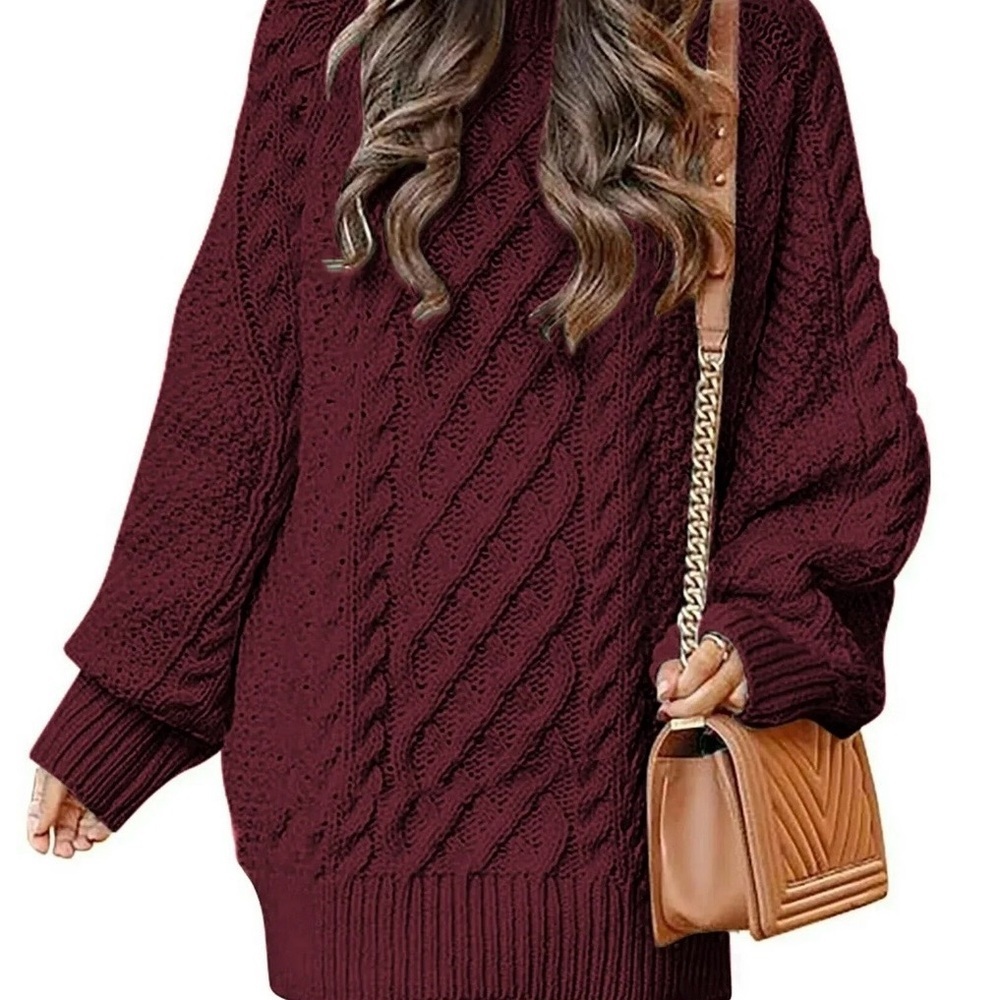 Cozy Cable Knit Oversized Sweater Dress - Burgundy - Picture 1 of 6